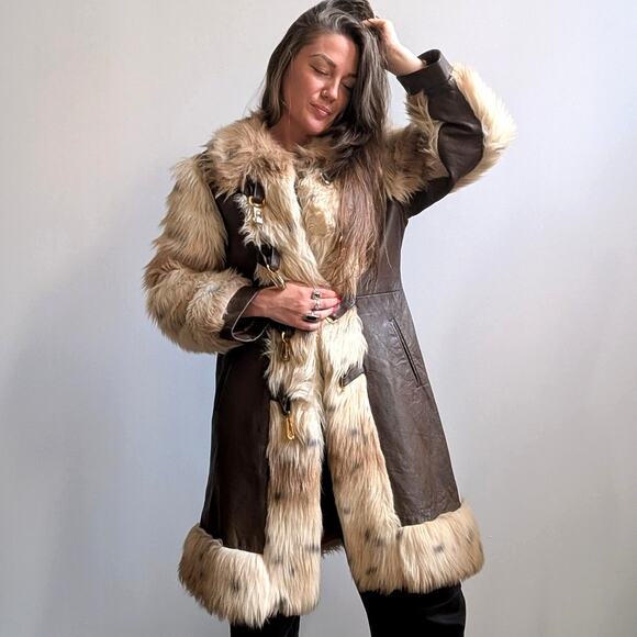 Vintage Cheetah Faux Fur Afghan Coat Leather Penny Lane Shaggy Trench Jacket - Picture 5 of 14